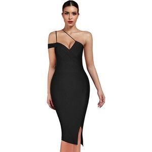 UONBOX Womens Cut Out One Shoulder Sleeveless Bandage Black medium